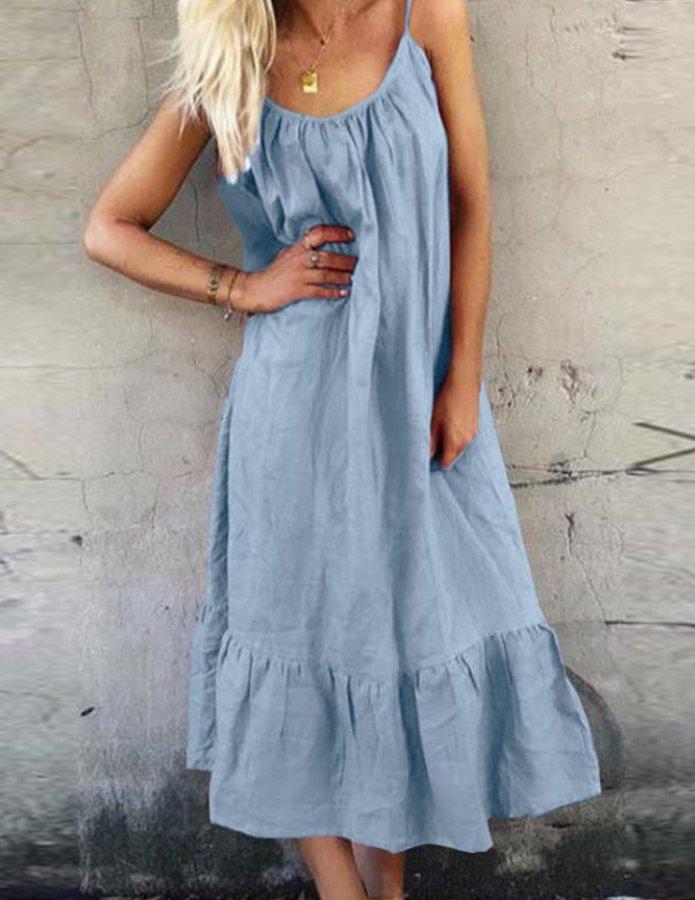 Women's Cotton Hemp Suspender Solid Color Ruffle Dress