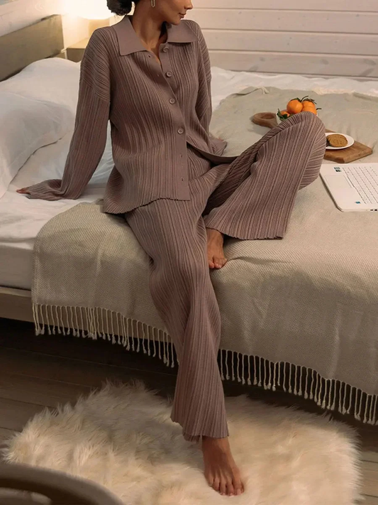 🔥Christmas Sale 🎁🎄-50% OFF-Autumn New Rib Strip Sweater Cardigan + Wide-leg Pants Two-piece Set