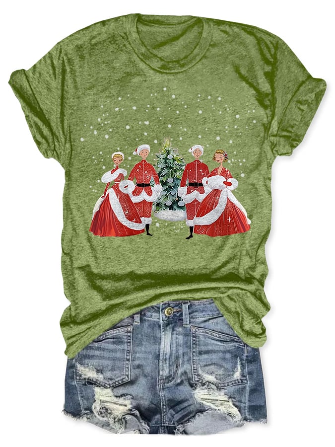 V-neck White Christmas Print T-Shirt