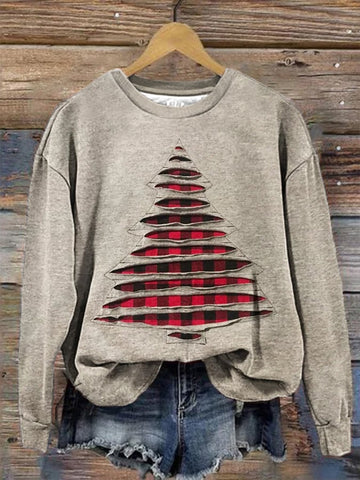 Women's Art Christmas Tree Plaid Print Sweatshirt