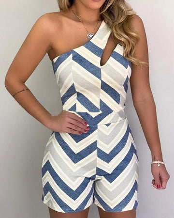 Wave Print One-shoulder Striped Jumpsuit