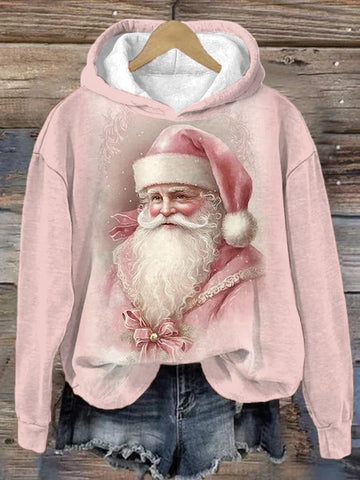 Women's Pink Santa Claus Print Christmas Casual Hoodie