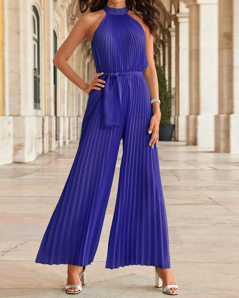 Halterneck Pleated Wide-leg Jumpsuit