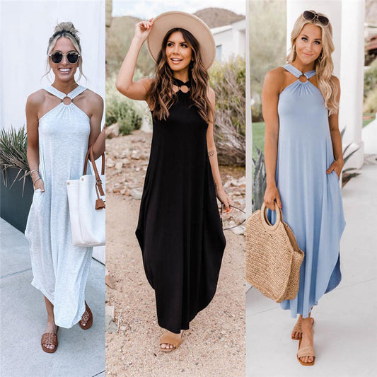 Off Shoulder Casual Comfort Halter Maxi Dress with Pockets