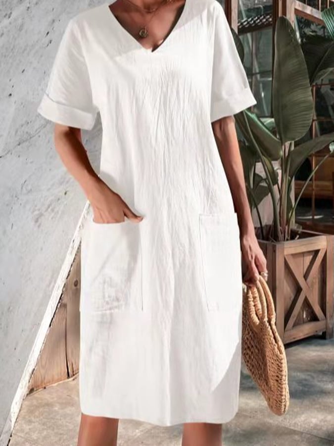 Women's Casual V-neck Short-sleeved Cotton Linen Dress