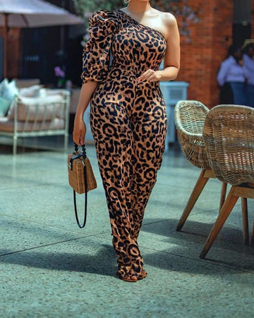 Leopard Print Digital Single Sleeve Jumpsuit