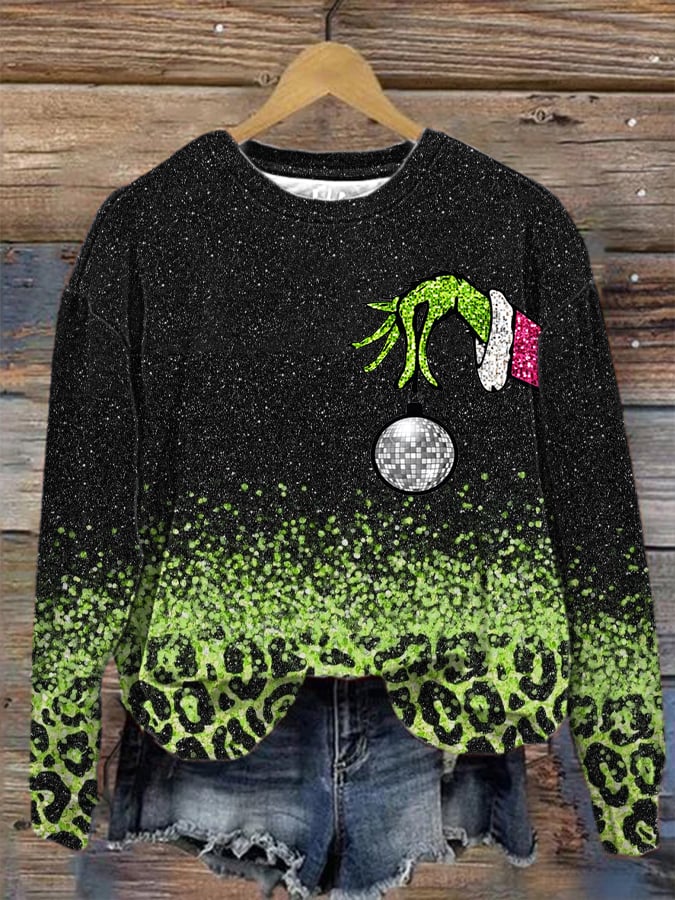 Women's Sequin Chrsitmas Green Hand Crew Neck Sweatshirt