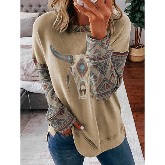 Wisherryy Ethnic Print Long-Sleeved Round Neck Sweater