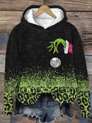 Women's Sequin Chrsitmas Green Hand Print Hooded Sweatshirt