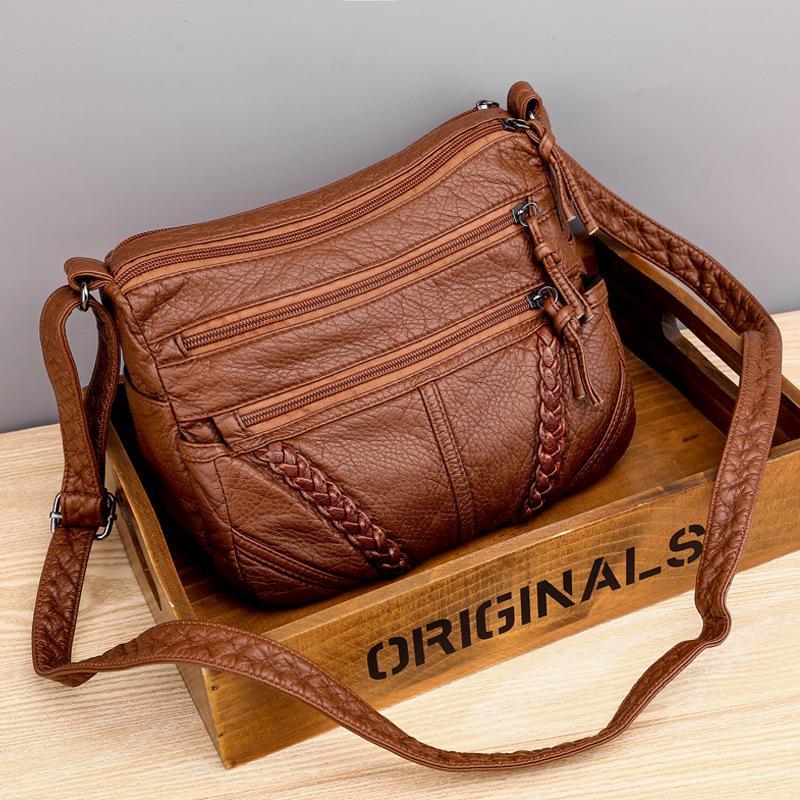 Casual soft leather solid color large capacity shoulder bag