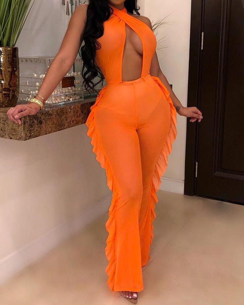 Pure Color Net Yarn Jumpsuit