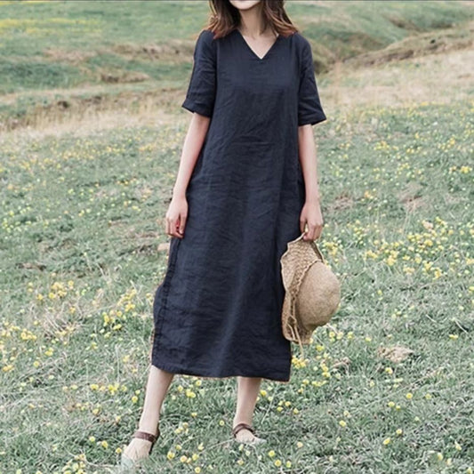 Vintage Plain V Neck Casual Short Sleeve Maxi Dress