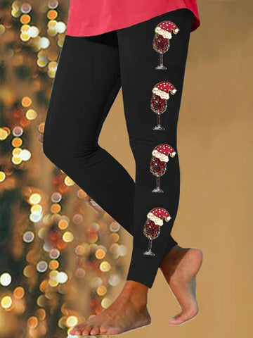 Women's Shiny Christmas Jewelry Red Wine Glass Print Leggings