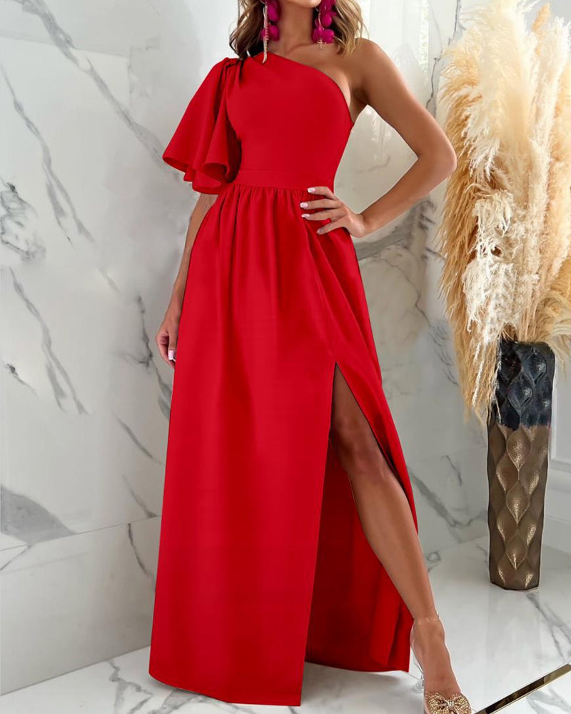 Solid Color Ruffled Sloping Shoulder Hem Slit Dress