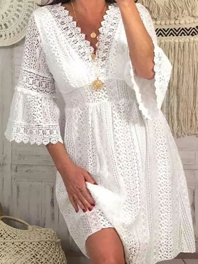 V-Neck Hollow Lace Dress