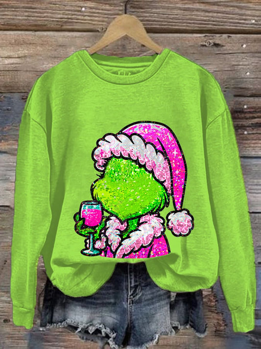 Women's Vintage Christmas Wine Print Casual Sweatshirt