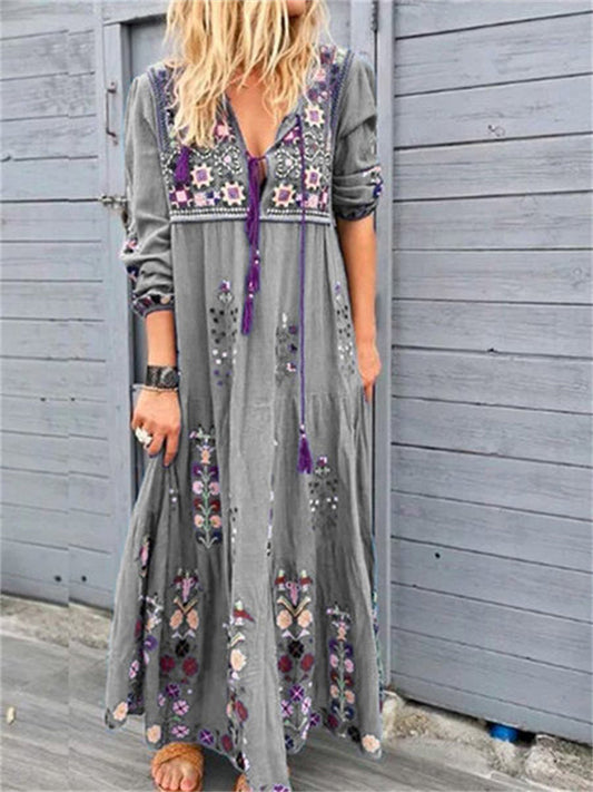 Wisherryy Boho Ethnic Floral Tassel Drawstring Maxi Dress