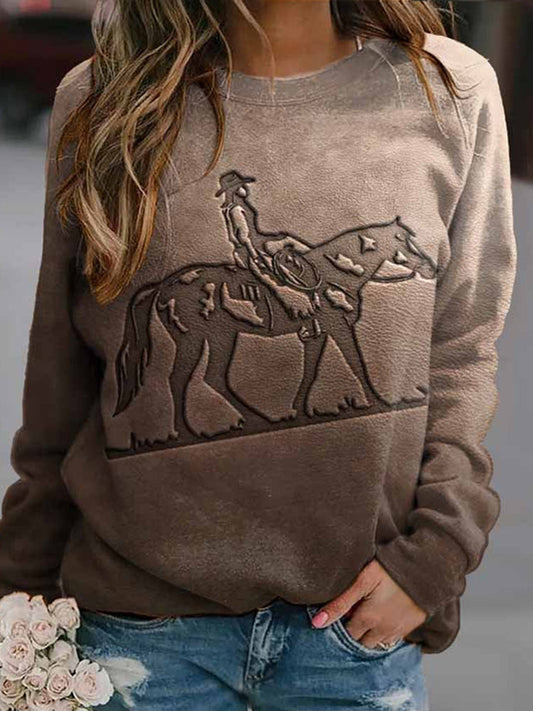 Vintage Western Horse Print Crew Neck Long Sleeve Sweatshirt