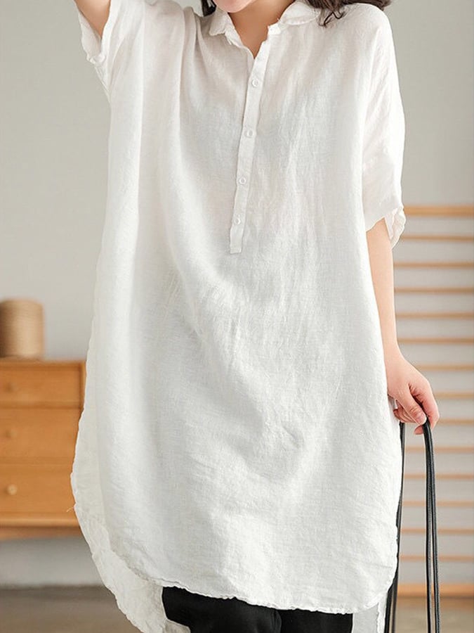 Medium Length Solid Cotton Linen Shirt