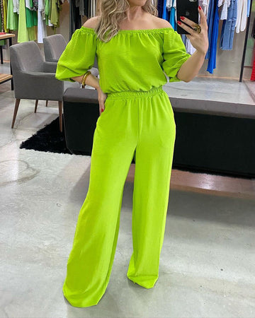 Solid Off-the-shoulder Short-sleeve Jumpsuit