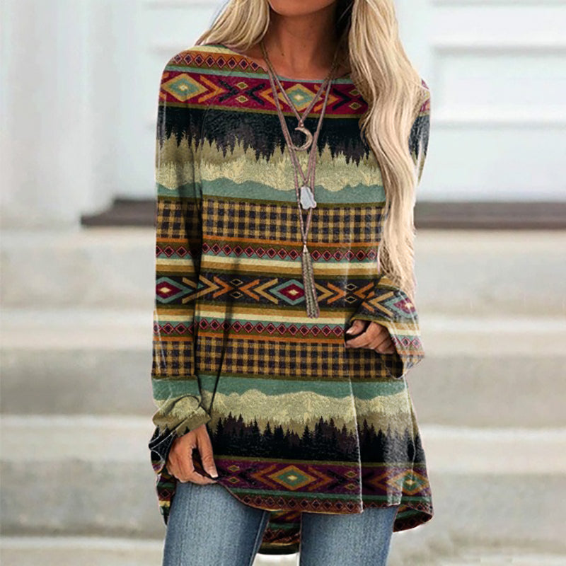 Vintage Western Print Casual Long Sleeve Tunic