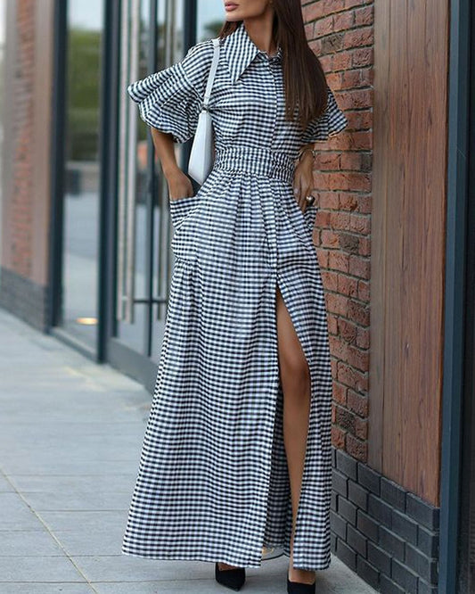 Casual Check Lapel Dress