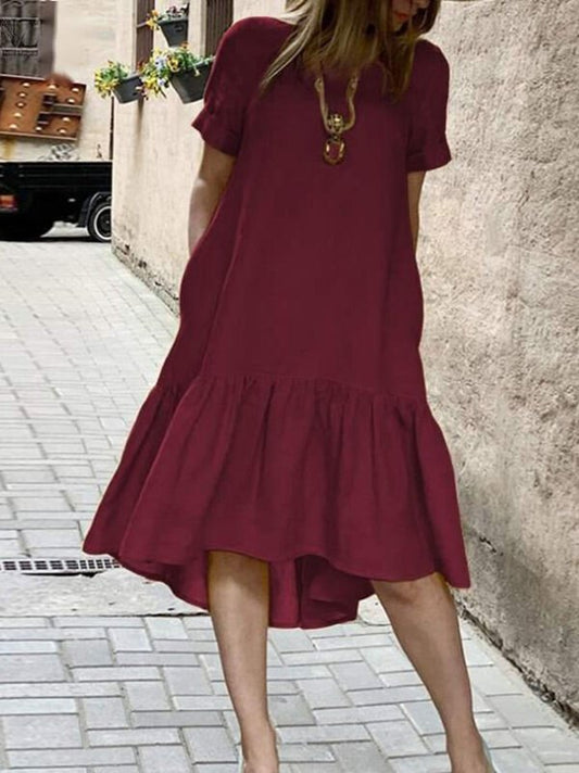 Solid cotton hemp crewneck short sleeve cotton ruffle dress