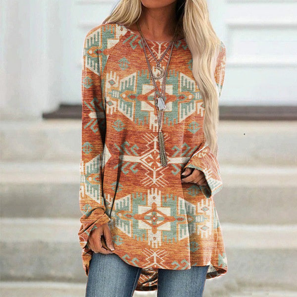 Vintage Western Print Crew Neck Tunic