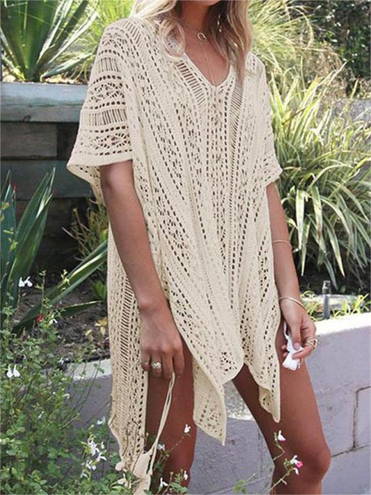 Women's Loose Hollow Vacation Half Sleeve V-Neck Beach Cover-Ups