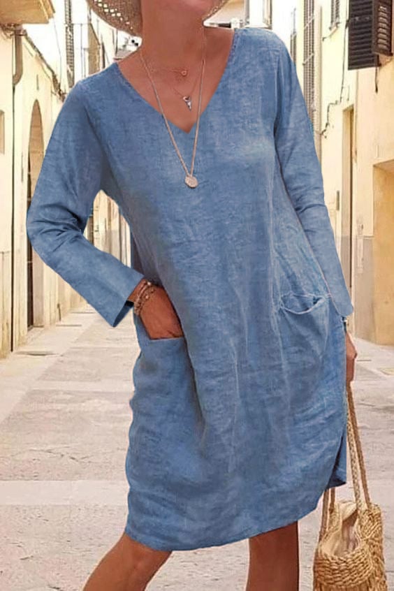 Women's  Solid Color V-Neck Loose Cotton Linen Long Sleeve Dress