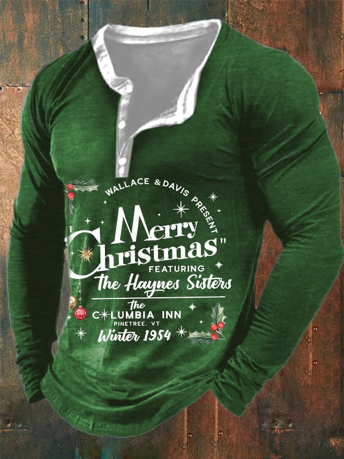 Men's Merry Christmas Print Long-Sleeve Cashual T-Shirt