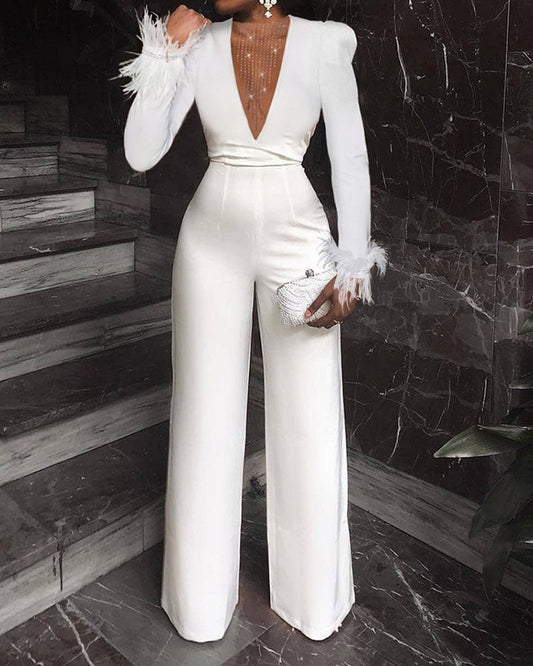 Feather Stitching Solid Color Jumpsuit