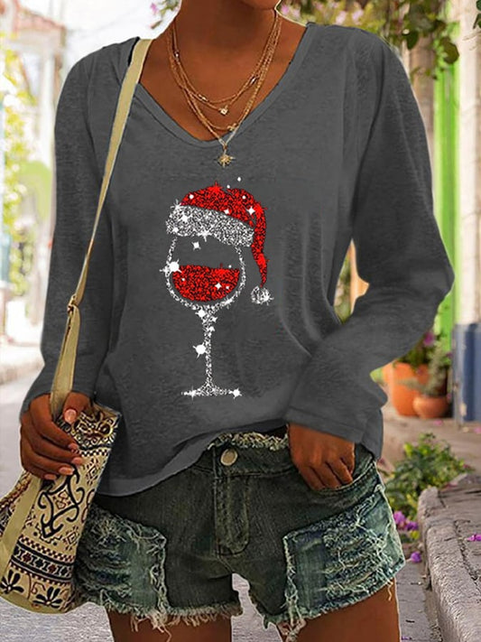 Women's Christmas Wine Glass Print V-Neck T-Shirt