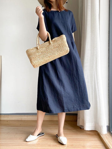 Women's Simple Literary Loose Solid Color Shift Dress