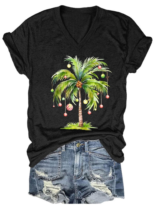 Women's Casual Christmas Palm Tree Printed Short Sleeve T-Shirt