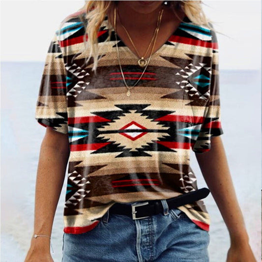 Wisherryy Women's Retro Geometric Print T-shirt