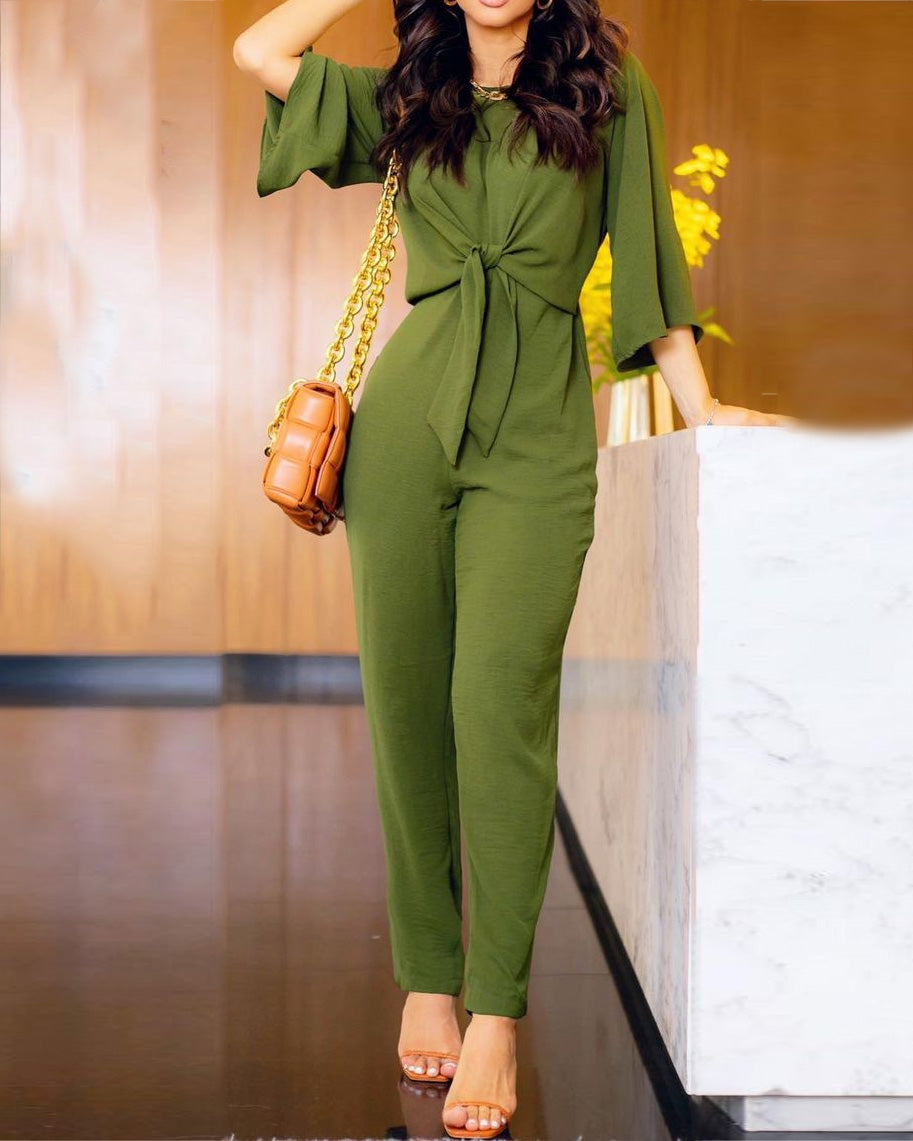 Casual Solid Color Lace-Up Jumpsuit