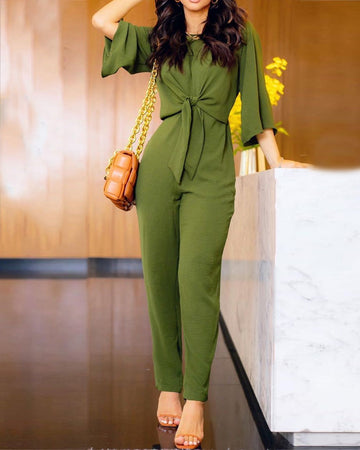 Casual Solid Color Lace-Up Jumpsuit