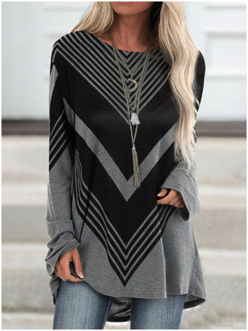 Wisherryy V-Neck Long-Sleeved Geometric Pattern Loose Casual T-Shirt