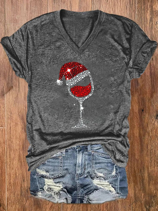 Women's Merry Christmas Wine Glass V-Neck Tee