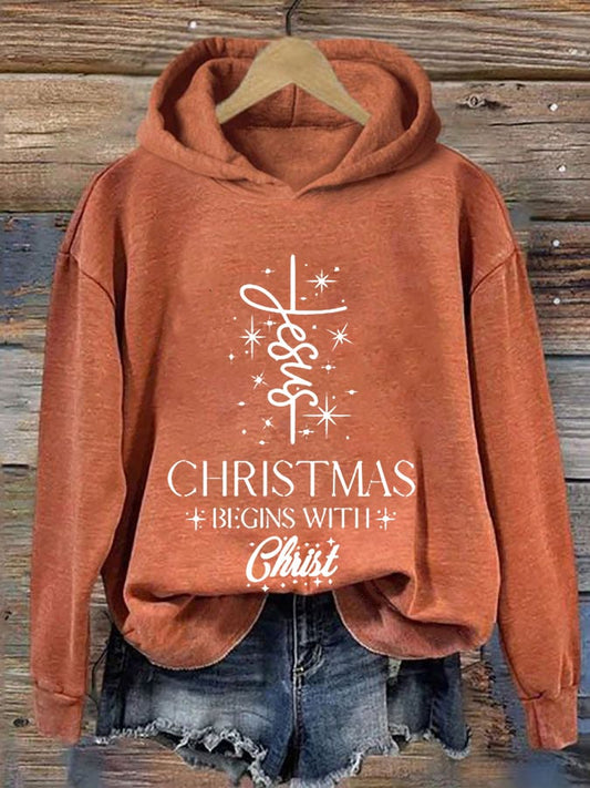 Women's Christmas Begins with Jesus Printed Casual Hoodie