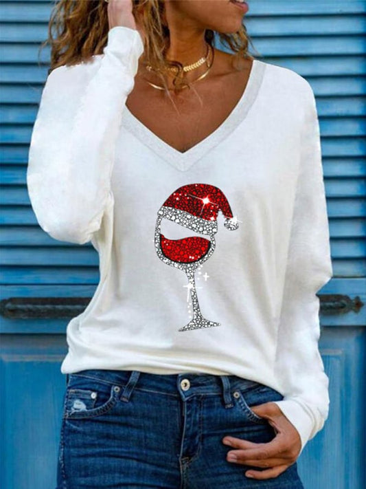 Women's Merry Christmas Wine Glass Casual Long-Sleeve T-Shirt