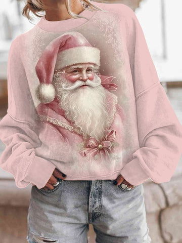 Women's Pink Santa Claus Print Christmas Casual Sweatshirt