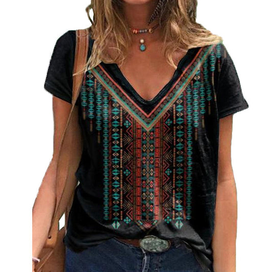 Wisherryy Ethnic Print V-Neck Bat Short-Sleeved T-Shirt