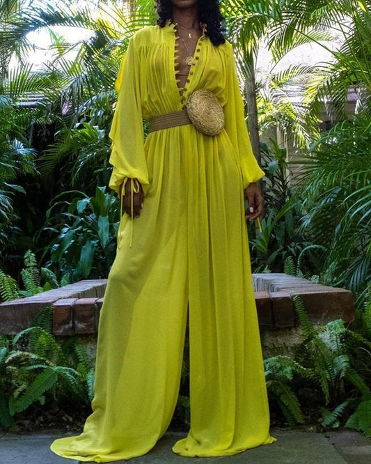 Solid Color Long-sleeved Wide-leg Jumpsuit