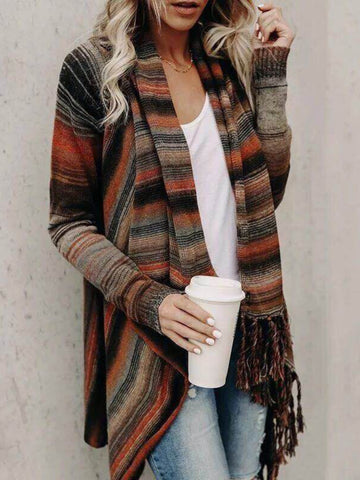 Striped Fringe Casual Long Sleeve Cardigan