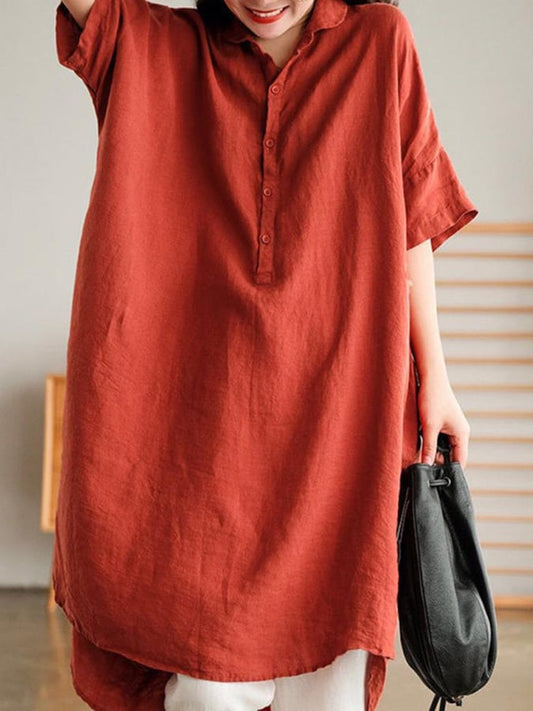 Medium Length Solid Cotton Linen Shirt