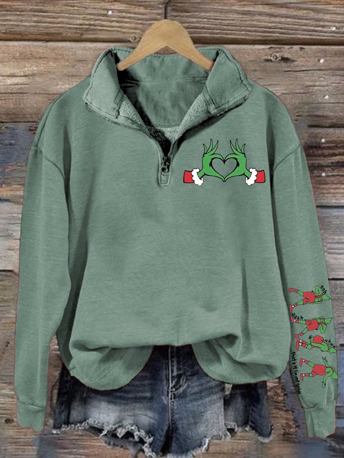 Women's Christmas Print Zip Casual Sweatshirt