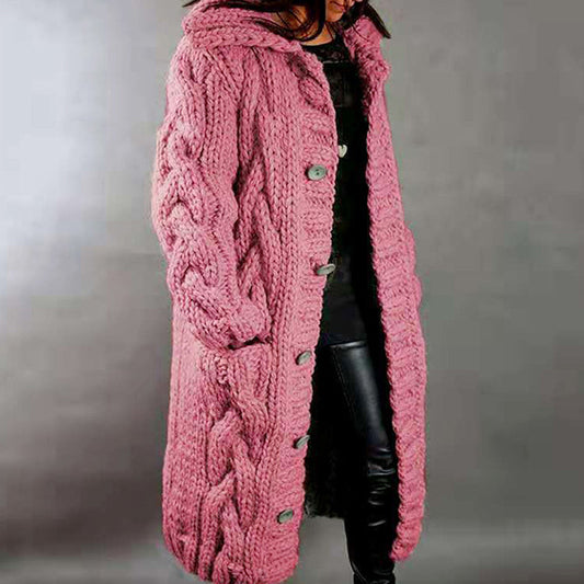 Hooded Solid Color Twist Thick Sweater Cardigan