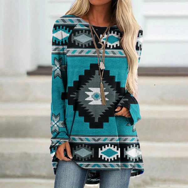 Vintage Western Print Long Sleeve Casual Tunic